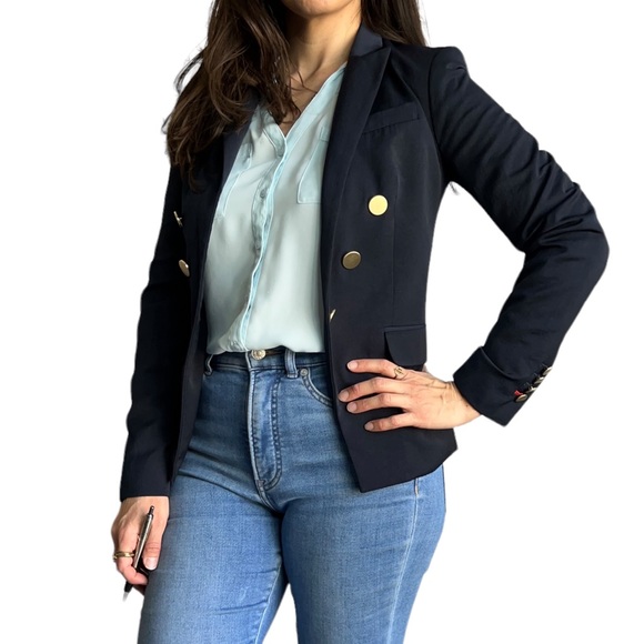 Express Peak Lapel Double Breasted Novelty Button Blazer, Navy Blue, Size 0 - Picture 6 of 14